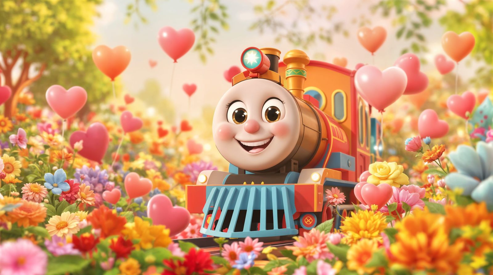 Charming CGI Train Surrounded by Hearts and Flowers in a Joy...