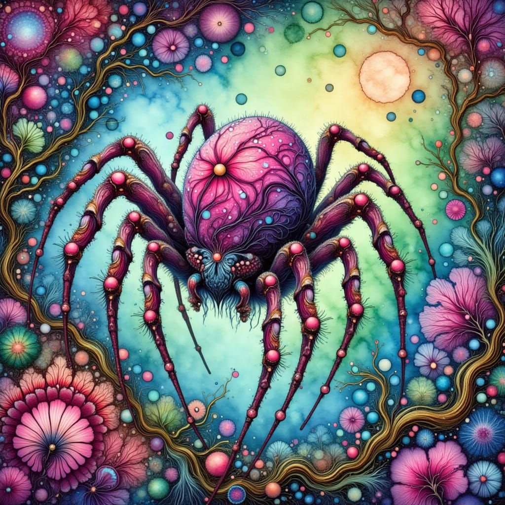 Giant Spider Strolls Through Whimsical Park in Dreamy, Ether...