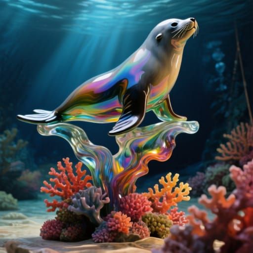 Glass Sea Lion Sculpture in Ocean Depths