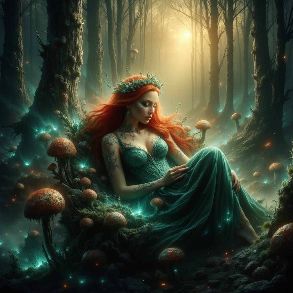 Irish Woman Sleeps in Mushroom Fairy Ring: Mystical Scene