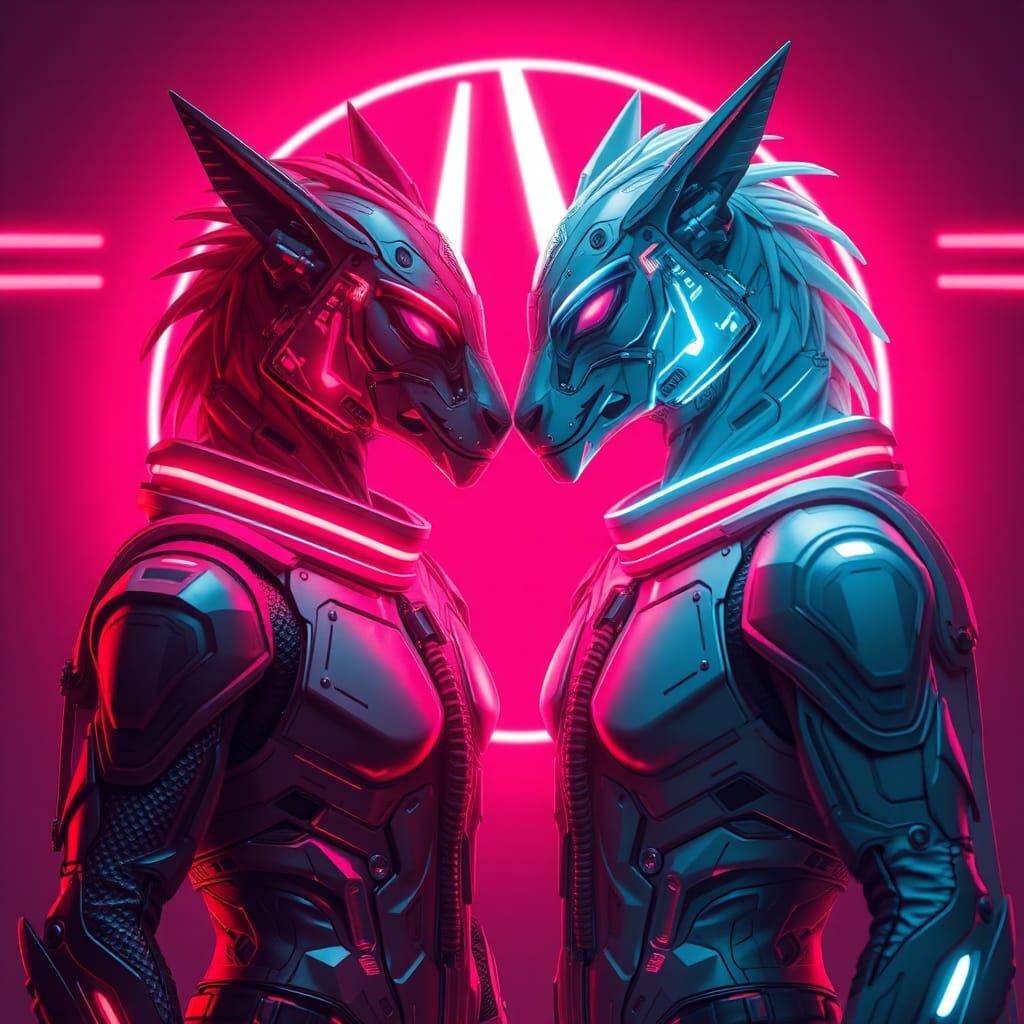 Cyberpunk Rabbits Duel in Neon Cityscape