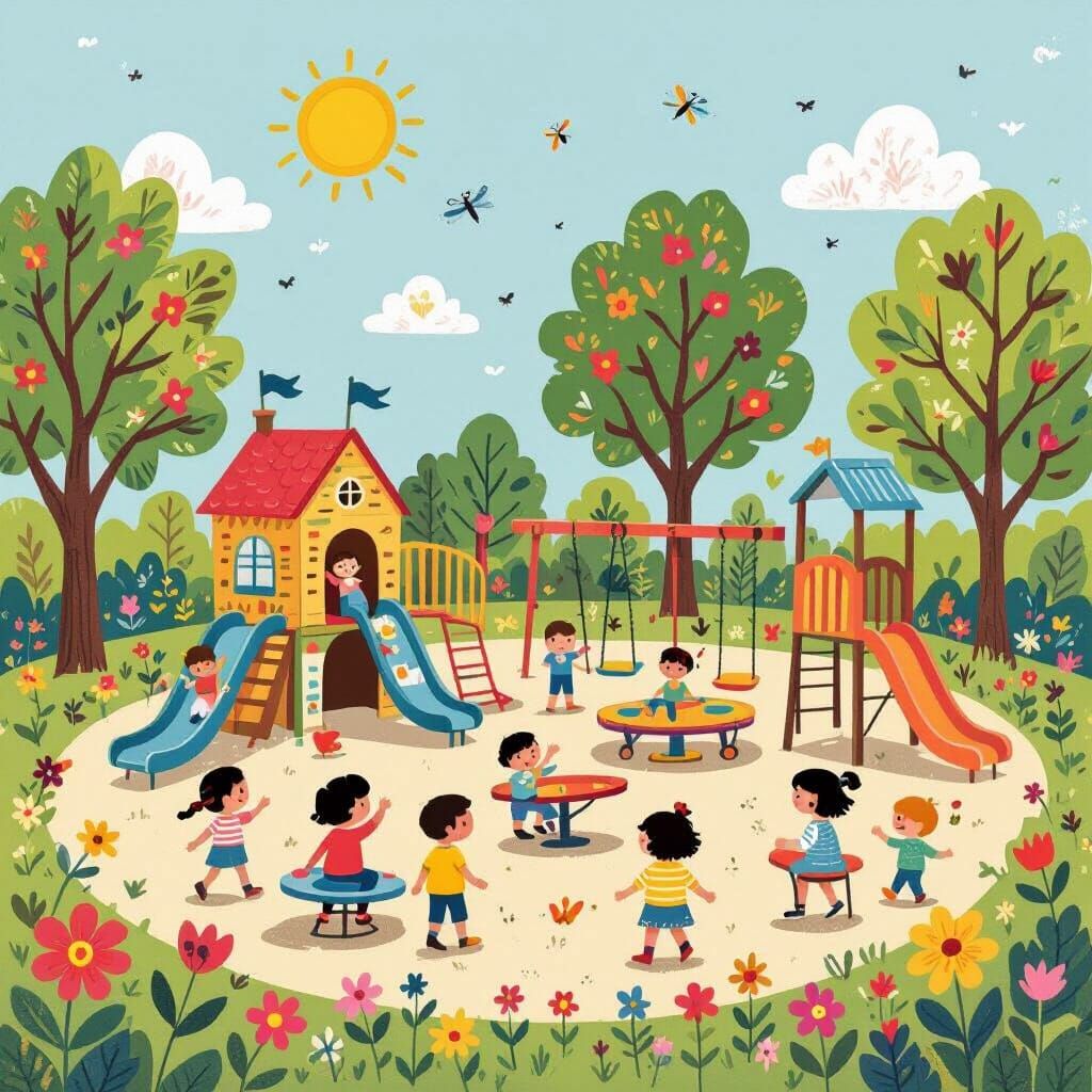 Children's Playground Scene in Whimsical Style