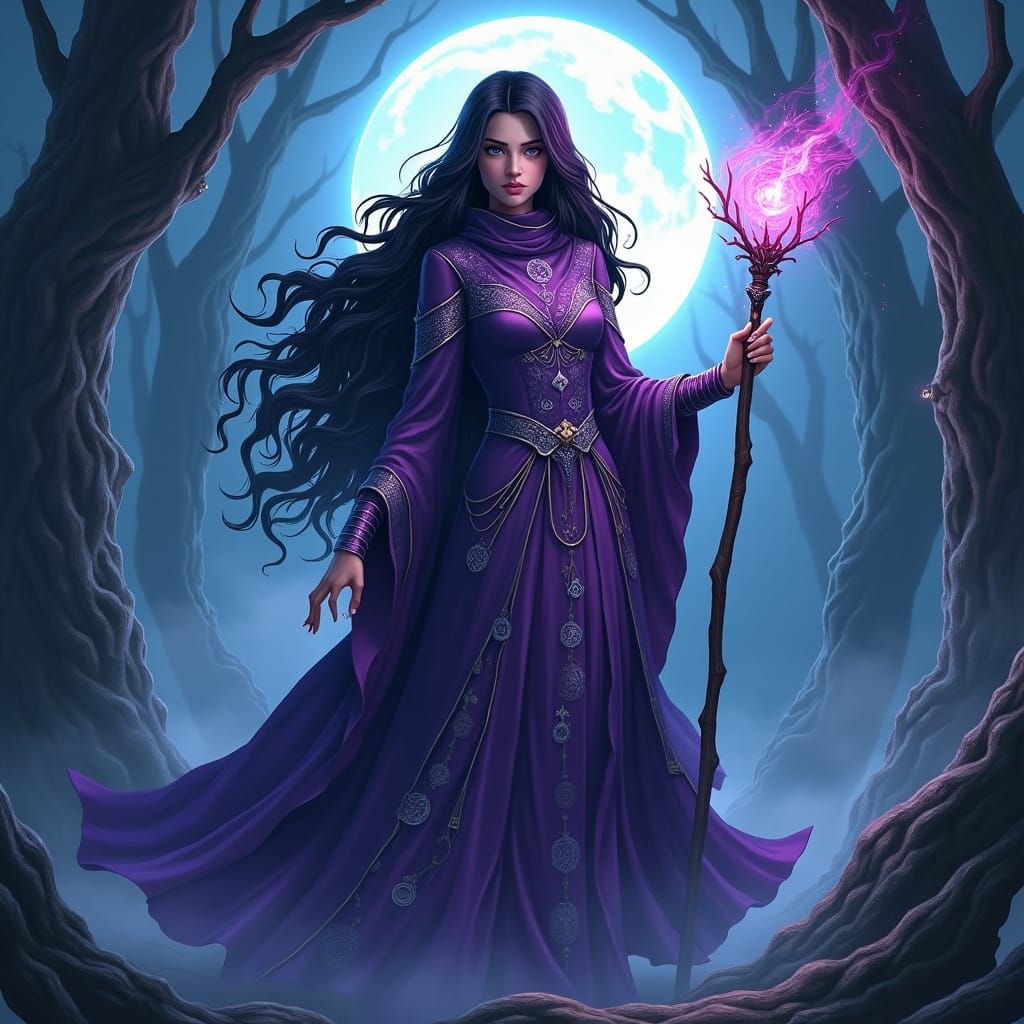 Mystical Witch in Moonlit Forest, Anime Style