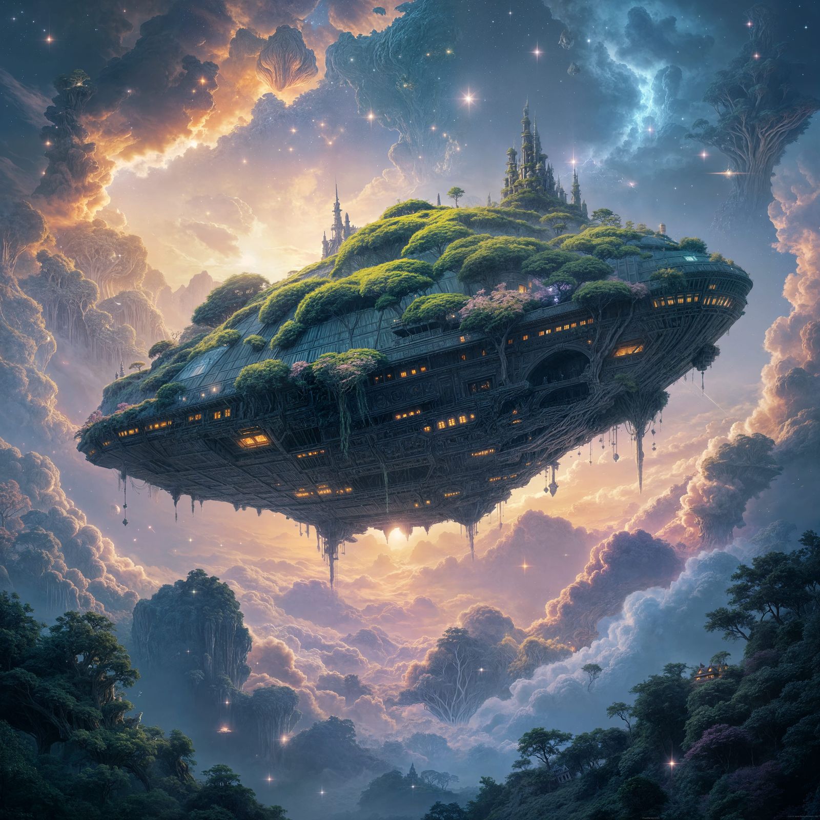 Ancient Tree Spaceship Drifts Through Mystical Nebula