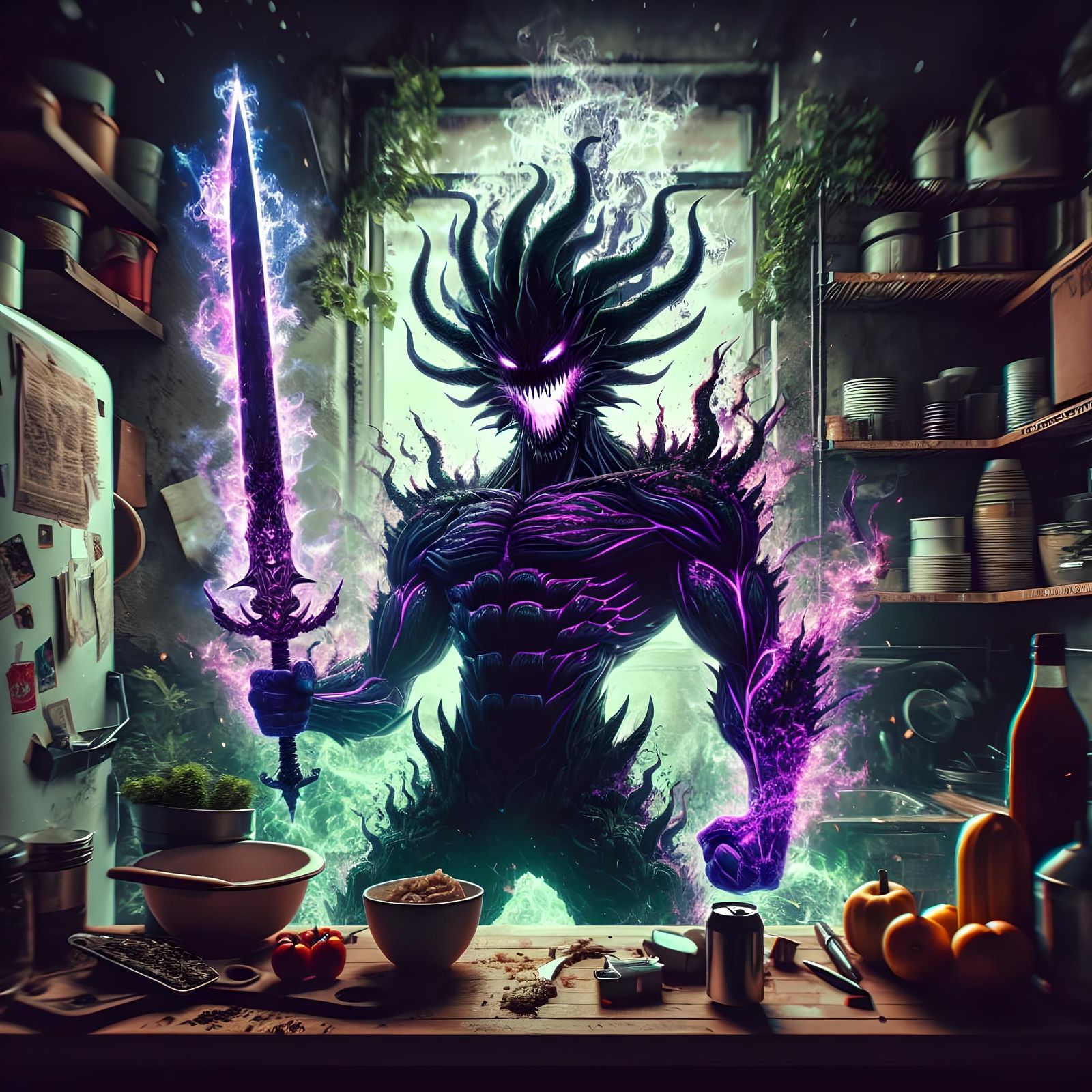 Dragon Cactus Warrior in Apocalyptic Jungle Kitchen