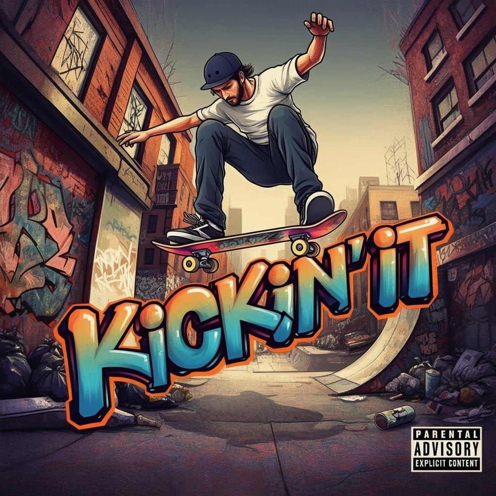 Skateboarder Kickflip in 90s Graffiti Urban Scene