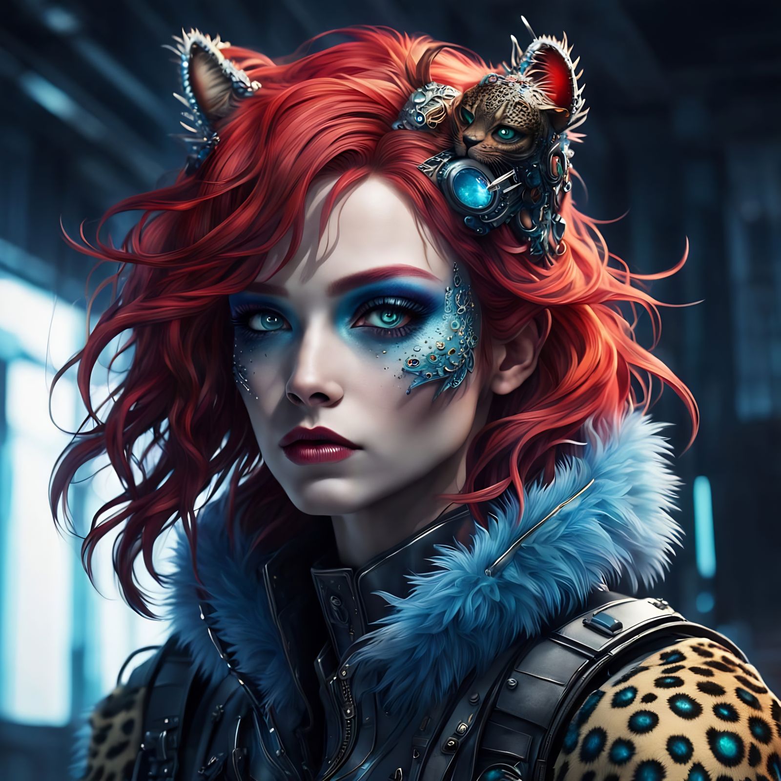 Cyberpunk Feline Goddess with Glowing Circuitry