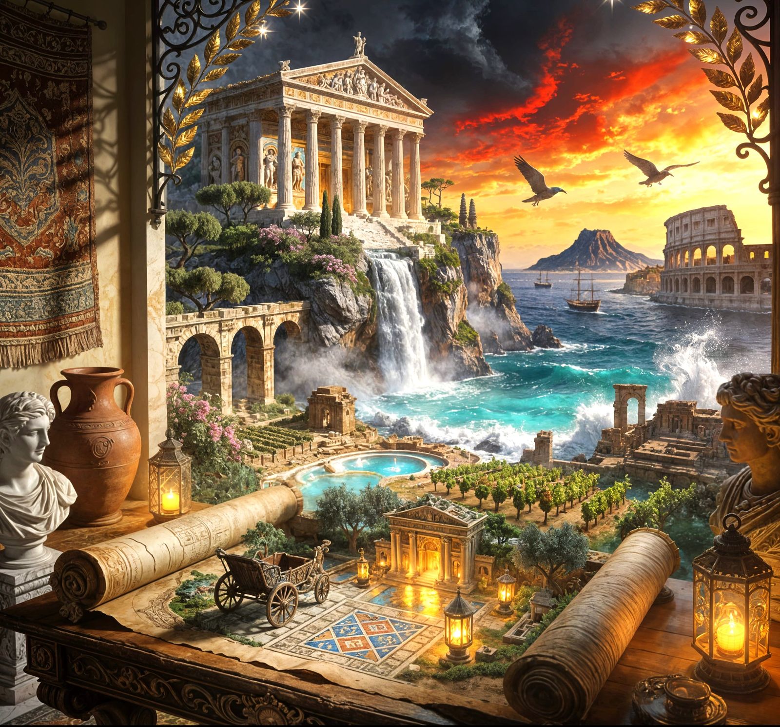 Roman Temple Ruins with Waterfall, Pencil and 3D Art