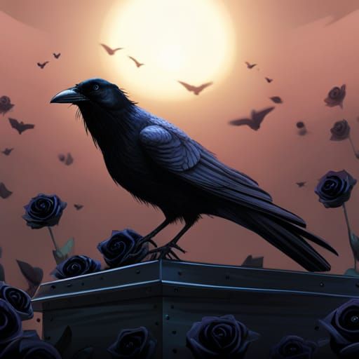 Raven on Casket with Black Roses: Dark Fantasy Art