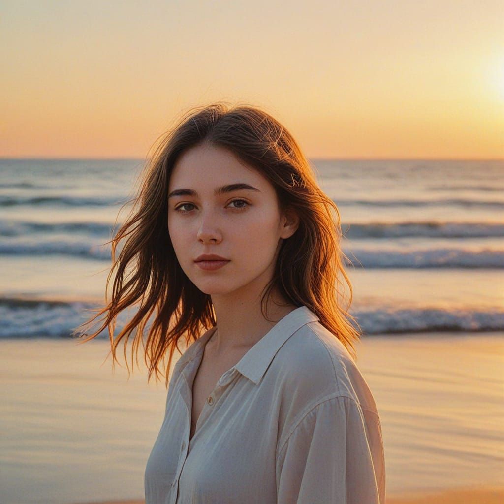 Girl on Beach in Dreamy Watercolor Style