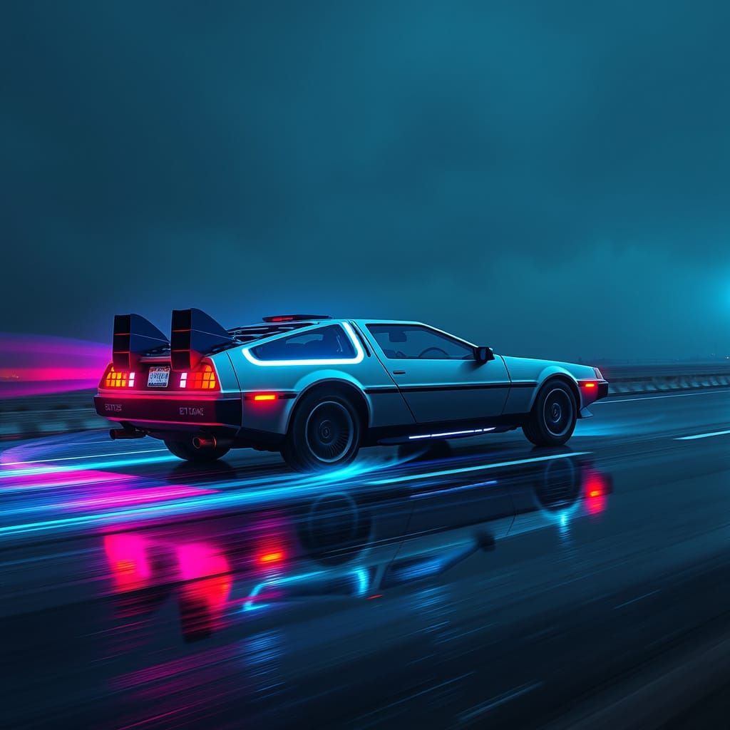 Neon Time Machine Speeds Through Cyberpunk Highway
