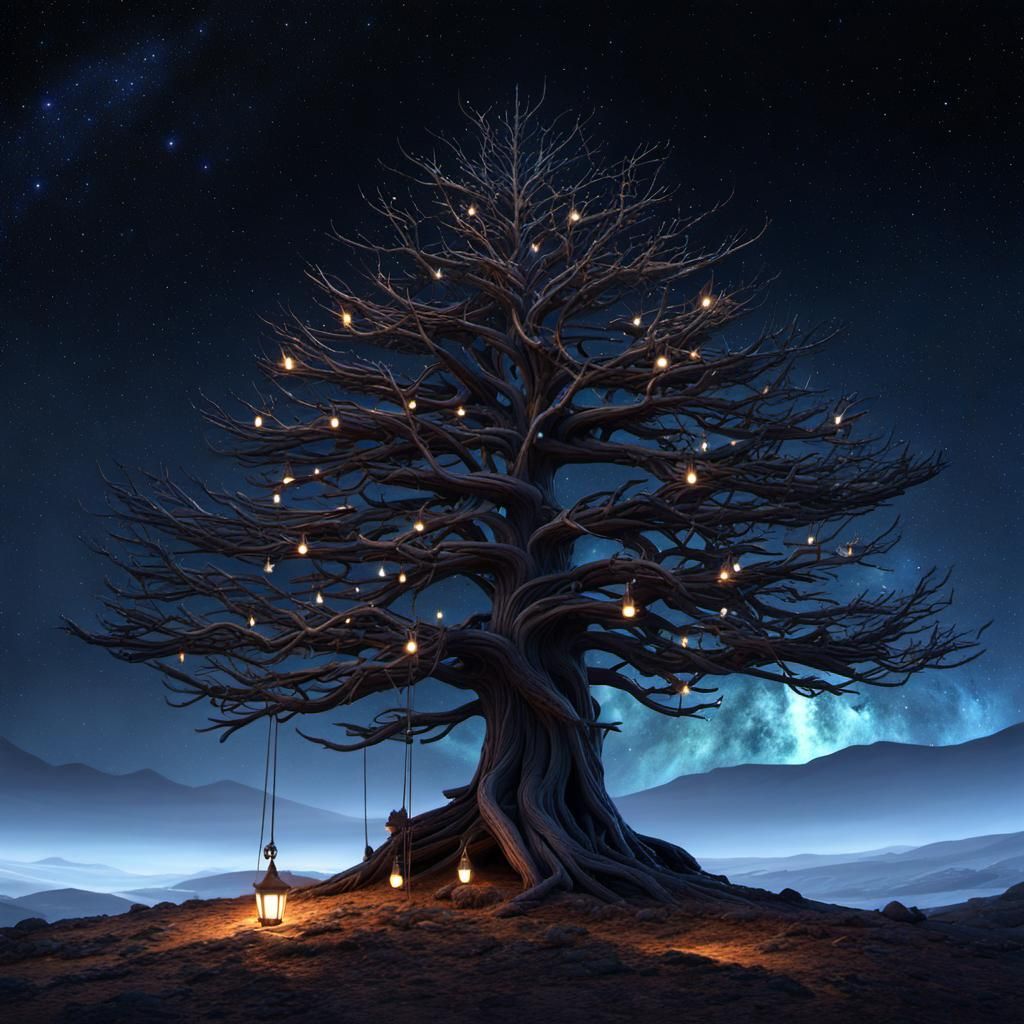 (Christmas tree made from dead branches, hung with Christmas tree lights, under a dark starry night sky, stars, galaxy, ...