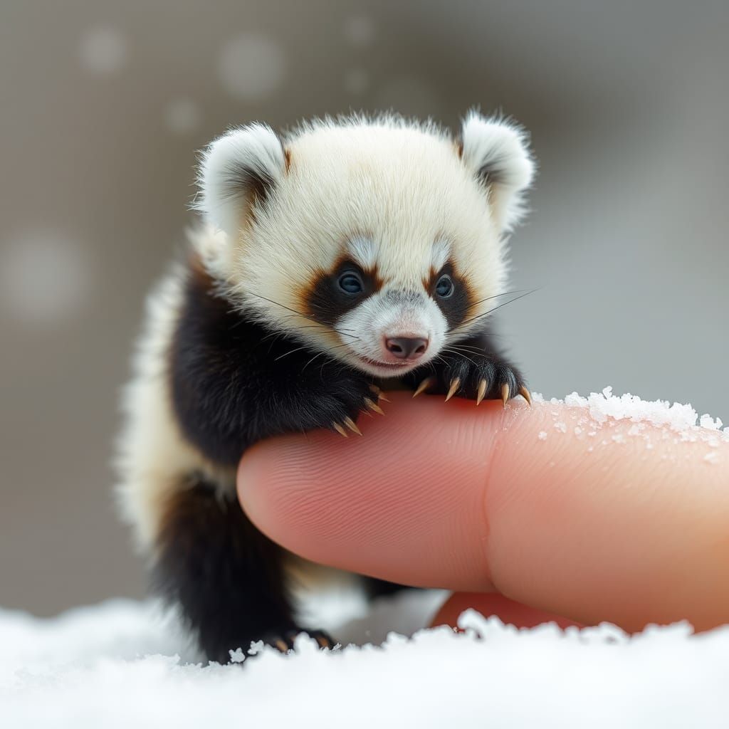Macro Photo of Baby Panda Climbing Fingertip
