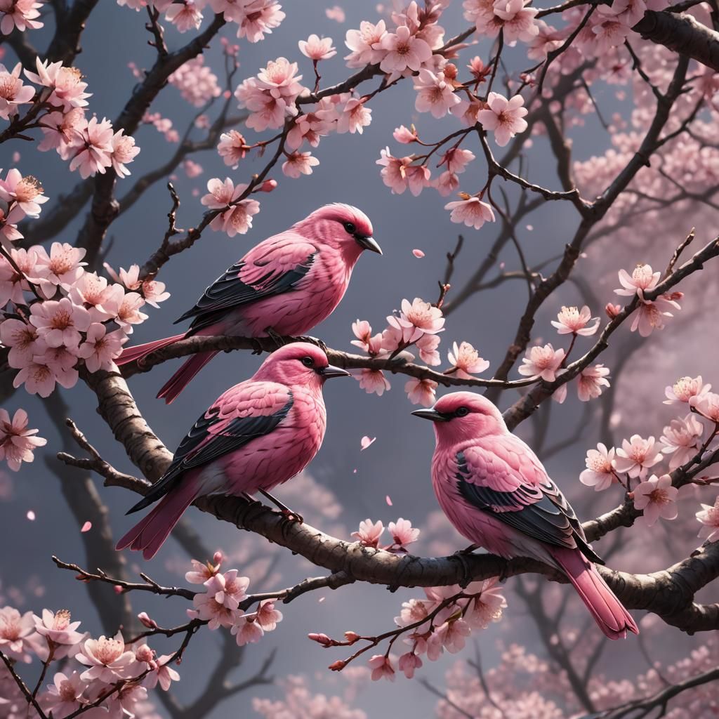 Pink Birds Cuddling on Sakura Branch