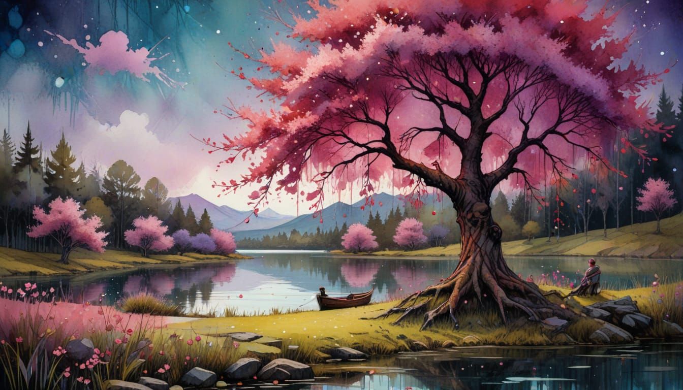 Watercolor Whimsy: Cherry Tree by a Serene Lake