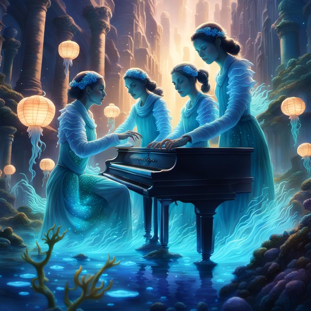 Sirens Play Piano in Bioluminescent Underwater City