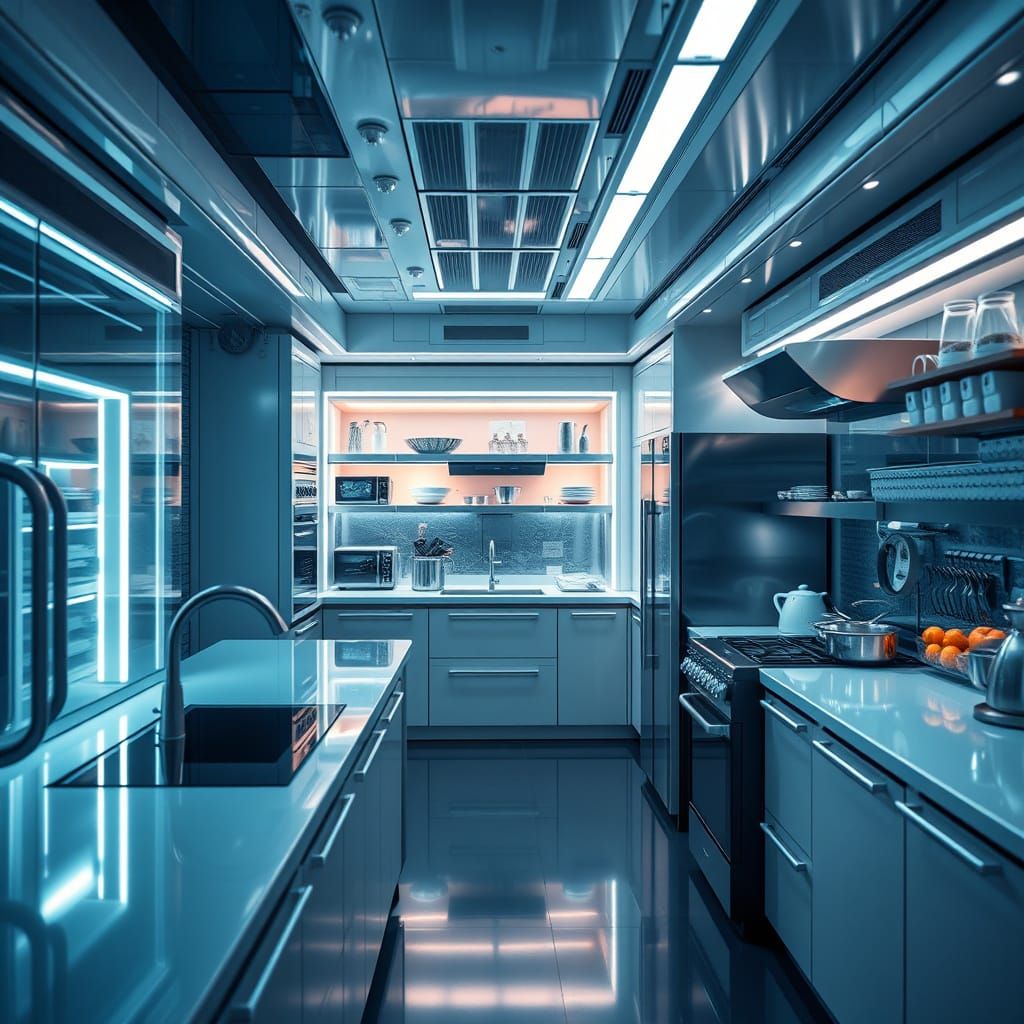 Futuristic Kitchen with Sleek Appliances in Cinematic Lighti...