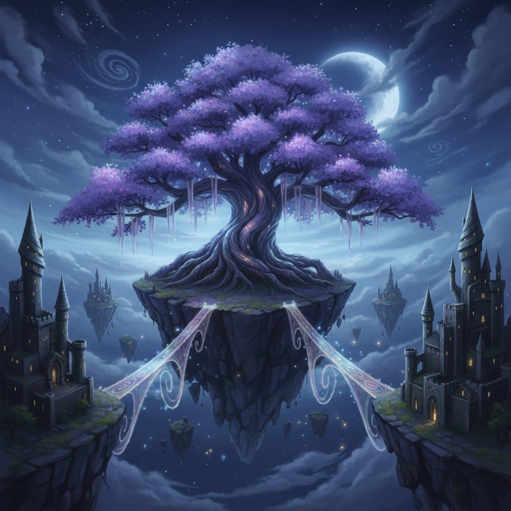 Magical Floating Island with Glowing Tree and Castles