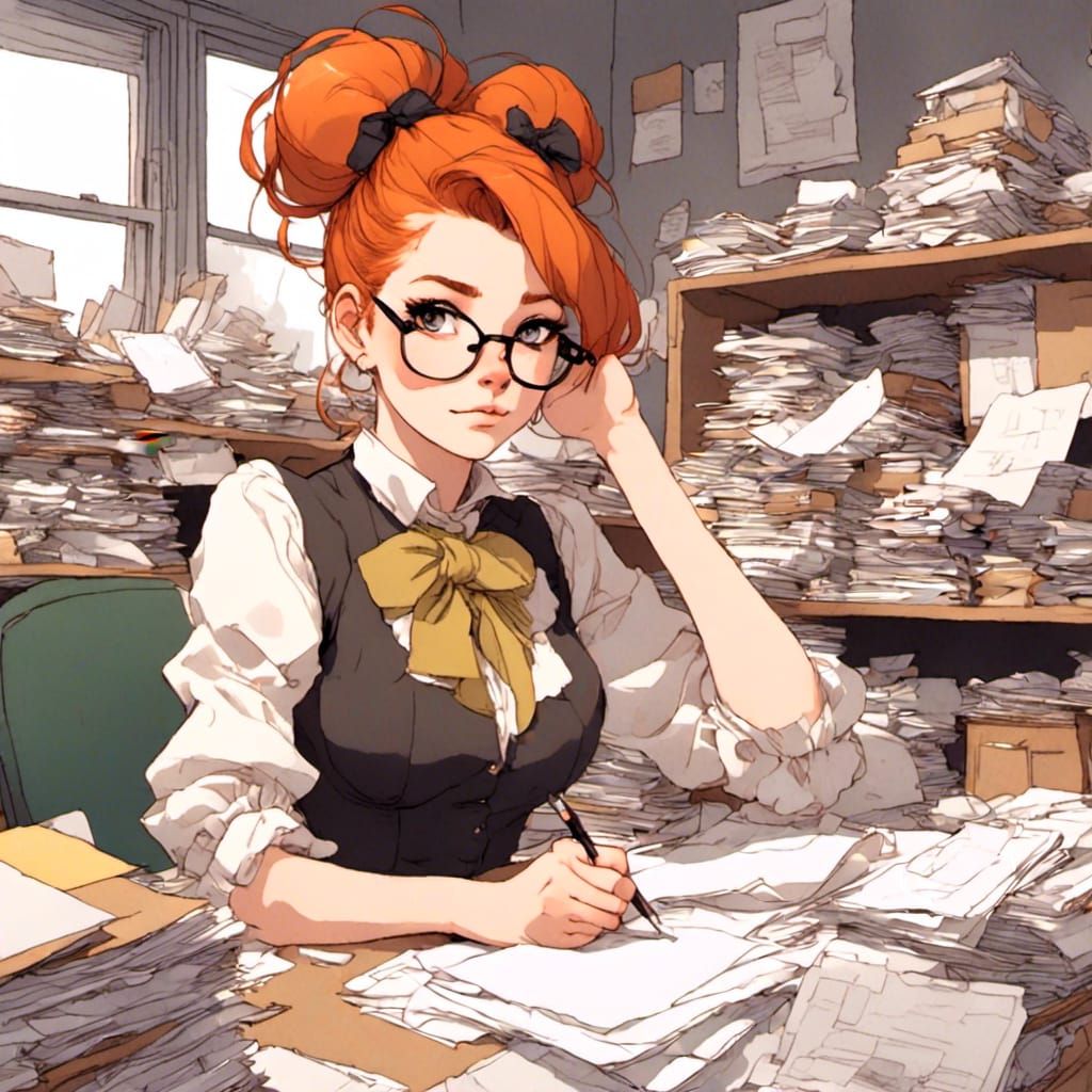 Fox-girl VIXEN ginger hair in a bun, wearing glasses, high collar blouse with oversized bow, working at an office, tall ...