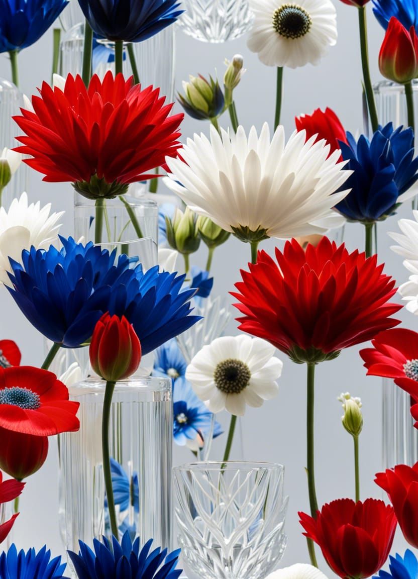 Red, White, and Blue Flowers in Crystal Vase