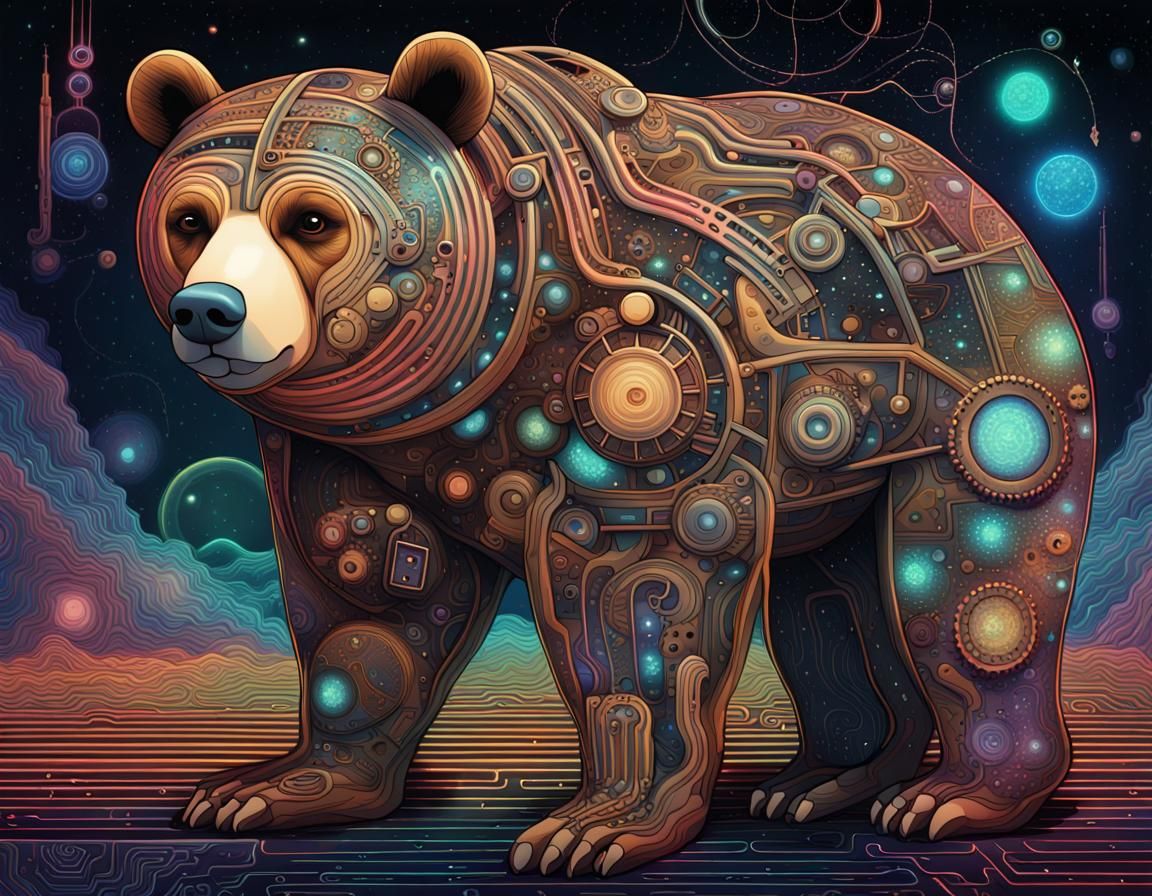 Neon Bear in Cosmic Steampunk Style