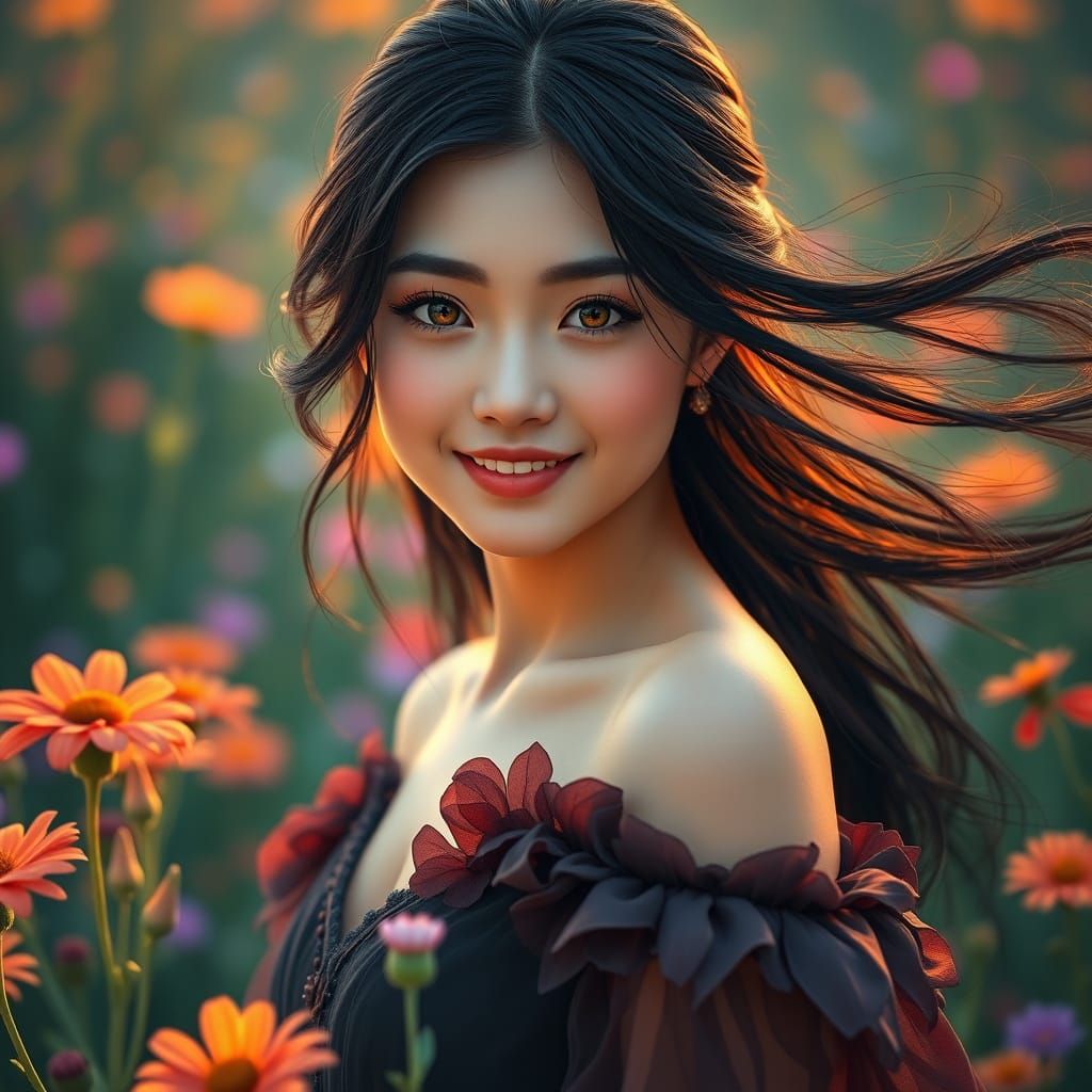 Cute Japanese Woman in Wildflowers at Dawn