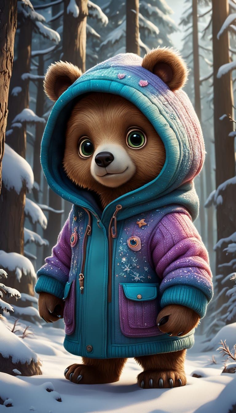 Whimsical Baby Bear in Cozy Knitted Coat Wears Hood in Snowy...