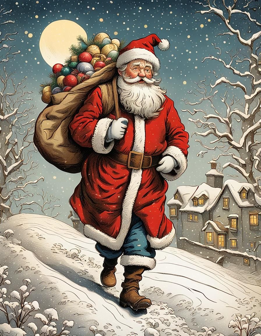 Whimsical Christmas Santa Claus in the Snow, in John Tenniel...