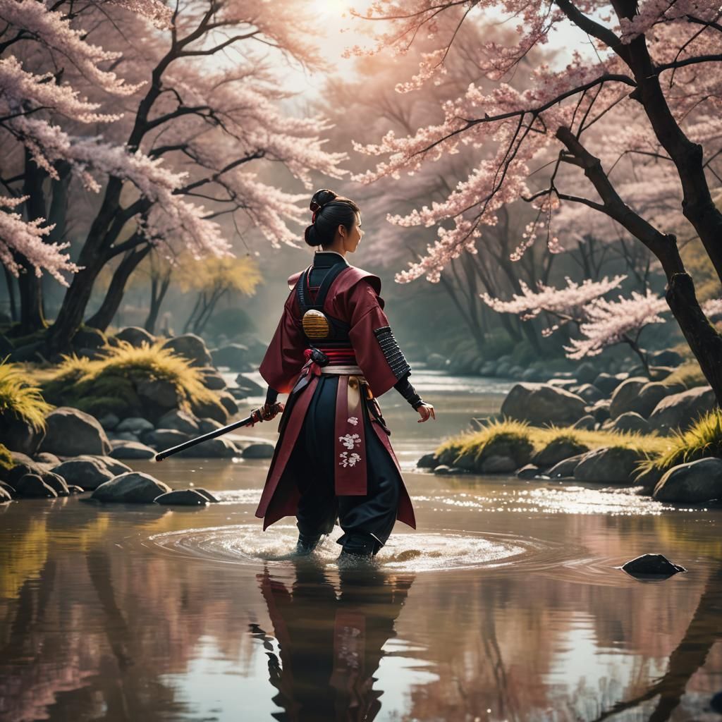 Female Samurai Training Under Triple Sunrise