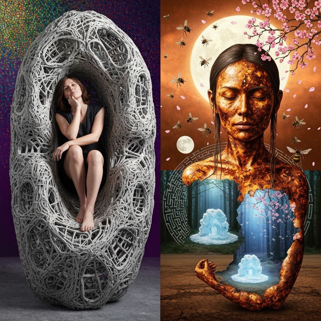 Female Sculptor Inside Abstract Creation in Ethereal Light