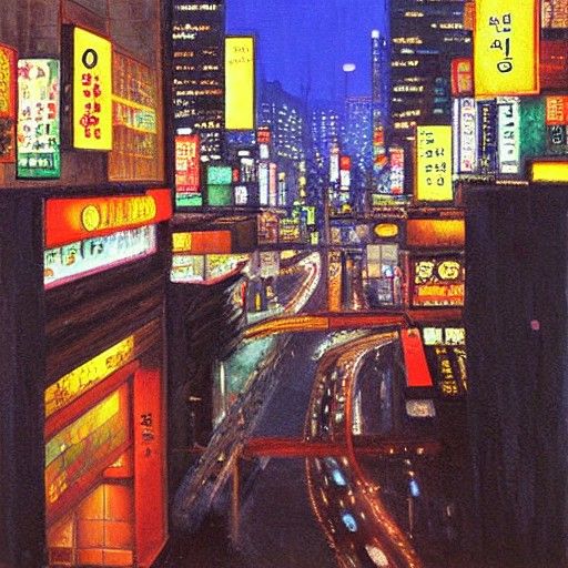 Seoul City at Night as Oil Painting