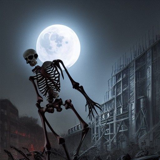 Giant Skeleton Attacks Power Plant in Gustave Doré Style