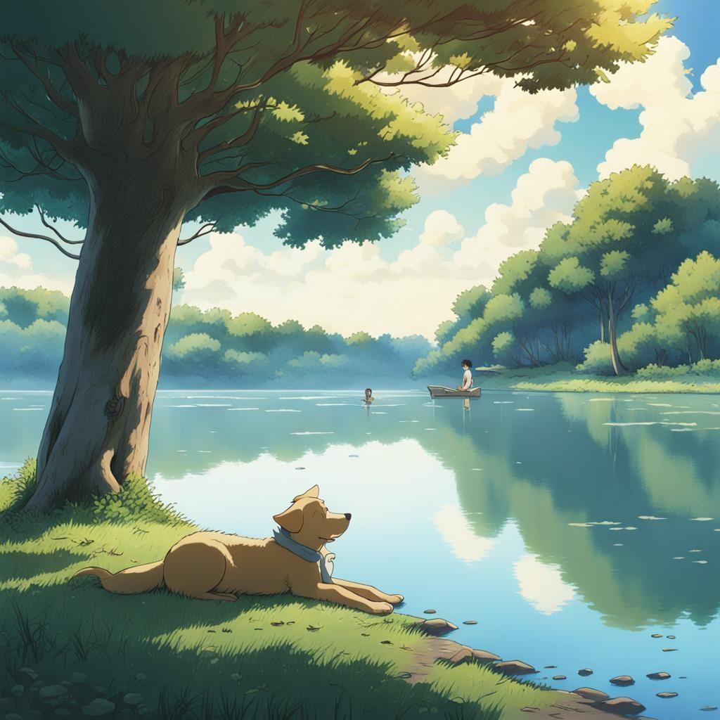 Boy, Dog, and Lake: Studio Ghibli Anime Scene