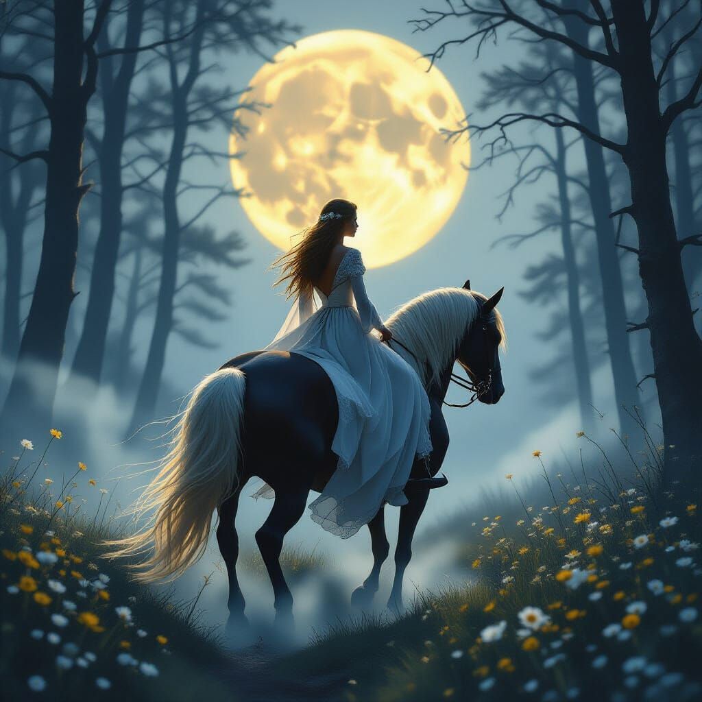 "A lone woman in a flowing, ethereal long long flowing white dress rides a powerful dark horse with a striking blonde ma...