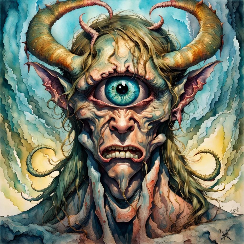 Mythological Cyclops Demon in Nouveau Watercolor Style