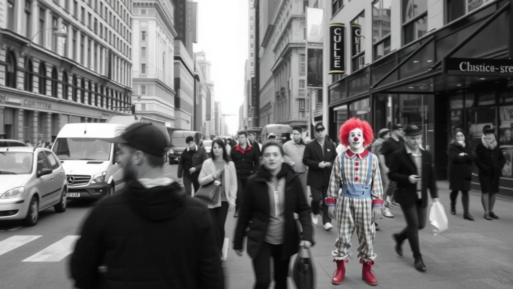 Alineky sad clown in a crowd of moving bustling B&W pedestri...