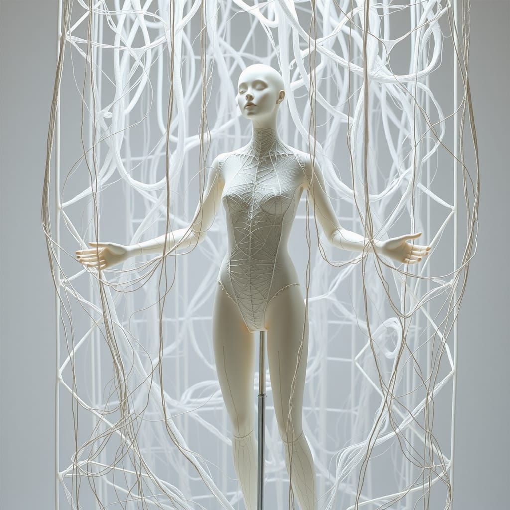 String Mannequin Sculpture in Dreamlike Installation