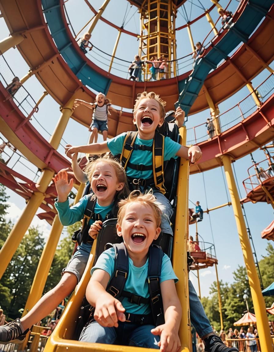 Kids Enjoying Drop Tower Ride on Summer Day