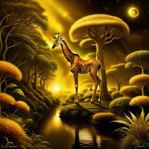 Surreal Giraffe Fantasy Landscape with Antlers
