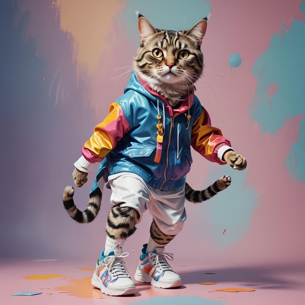 Hyperrealistic Cat on Catwalk in Splash Art Style
