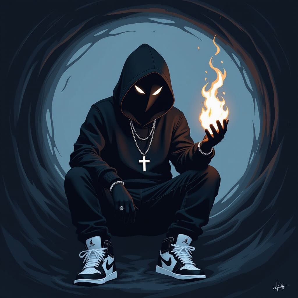 Mystical Dark Creature with White Fire in Black Hole