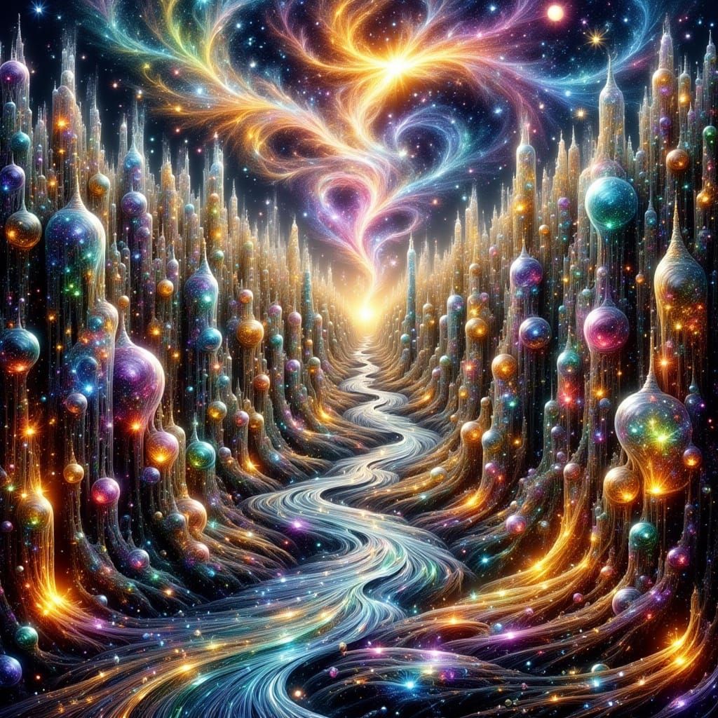 Liquid Stained Glass Cityscape in Cosmic Sky