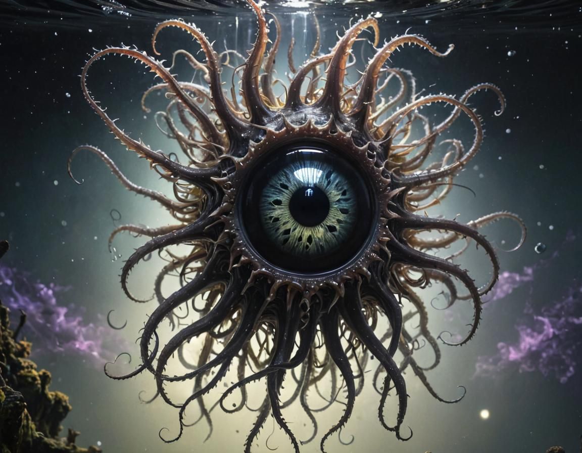 Eerie Floating Eyeball with Tentacles in Ethereal Realm