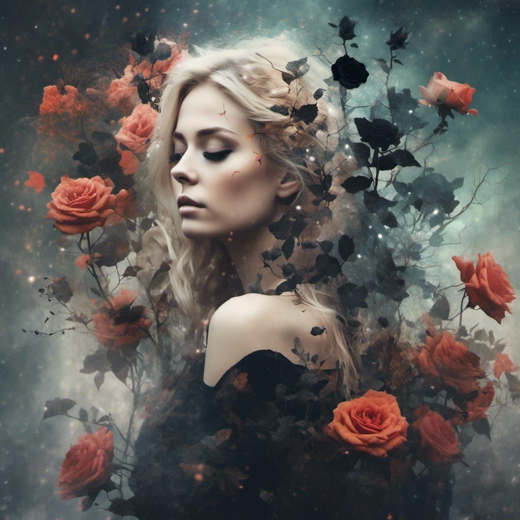 Elven Woman with Black Roses in Muted Rainbow Style