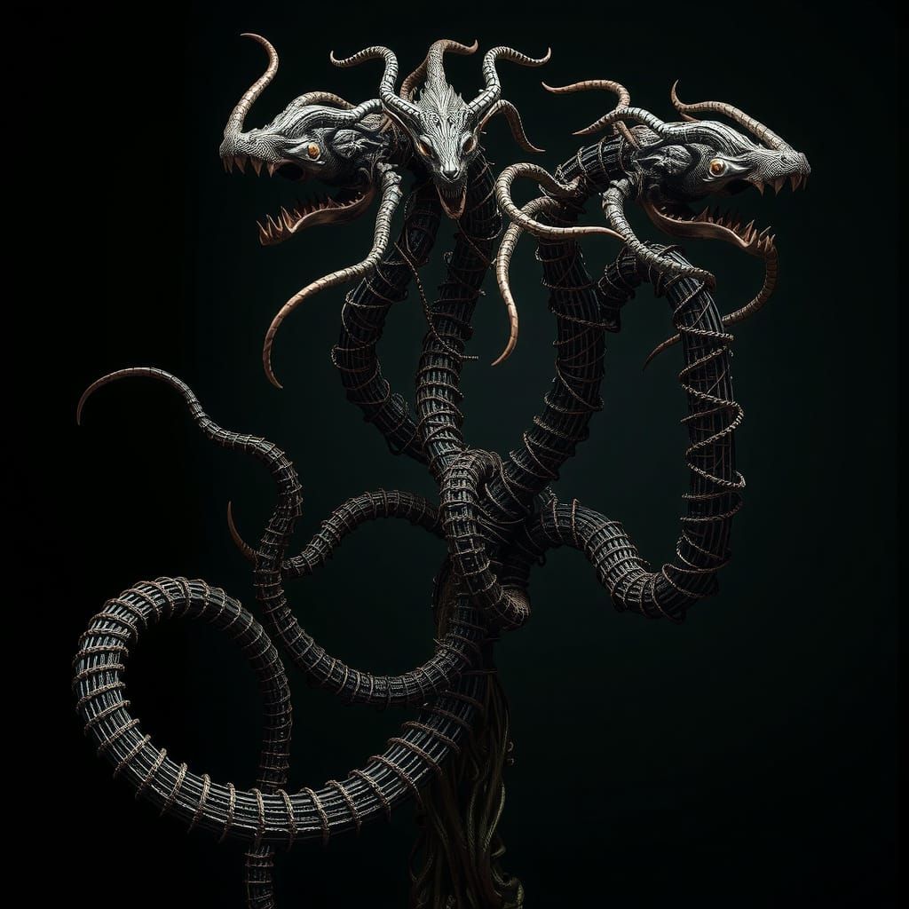 Intricate Wire Hydra Sculpture in Dark Fantasy Style