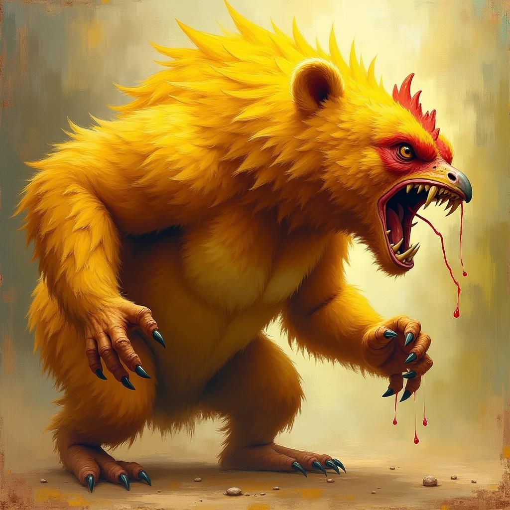 Furious Chicken-Bear Hybrid in Impressionist Oil Painting