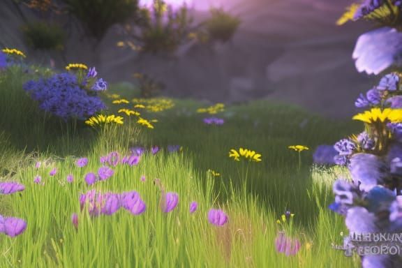 Colorful Wildflowers at Sunset in Realistic Style