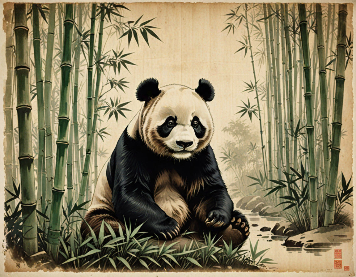 Ancient Chinese-Inspired Panda in Bamboo Forest