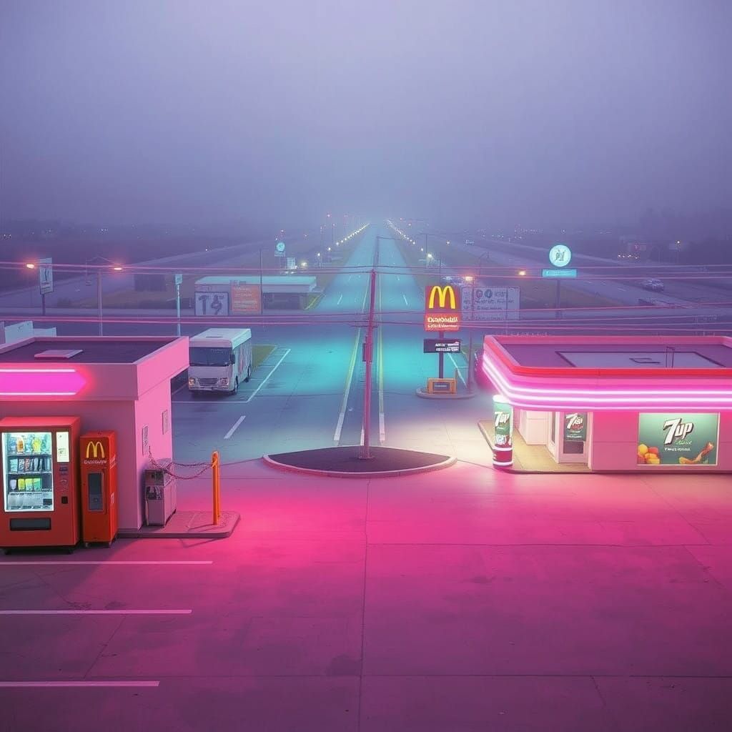Dreamlike Townscape in Pastel Hues and Neon Accents