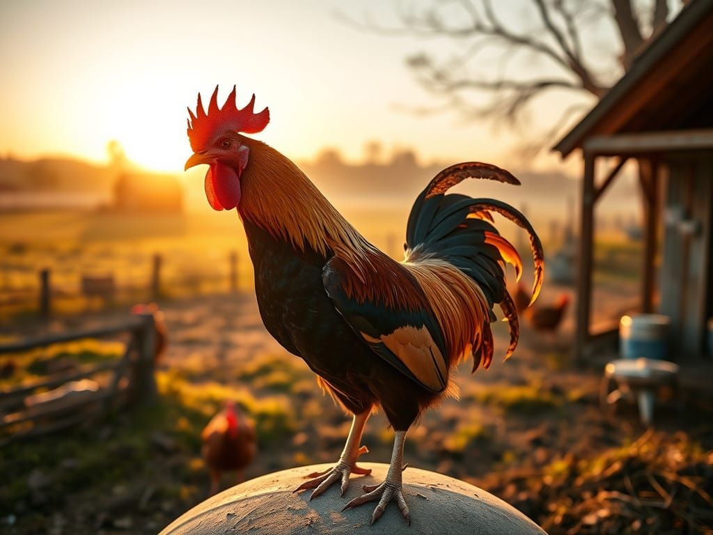 Morning Sunrise Flock Scene with Cockerel in Regal Pose